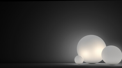 Glowing balls in a dark room,  fantastic background, 3d render illustration