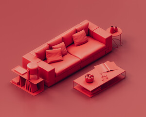 Isometric monochrome single red color interior living room with sofa and side table, red room, 3d rendering
