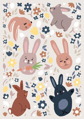 A set of cute Easter stickers made of bunnies and flowers. Tender baby hand drawn vector flat illustration.