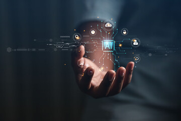 Businessmen use their hands to touch Virtual Media Ai technology to manage online business systems in corporate networks. network business processing concept	