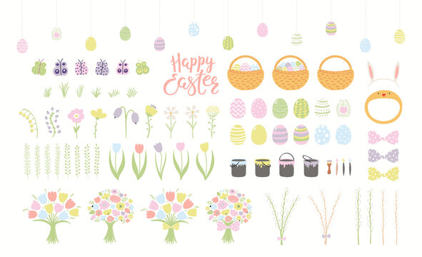 Cute Easter clipart collection, painted eggs, flowers, grass, willow, bunny ears, isolated on white. Hand drawn vector illustration. Flat style design. Elements for kids holiday card, print, gift tag