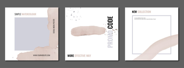 Hand drawn art for social media templates, square business templates for facebook and instagram, vector brush strokes elements, grey and pink color