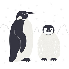 Cute cartoon penguins, Antarctic landscape, isolated. Hand drawn vector illustration. Winter animal character, wildlife, nature. Design concept kids fashion, textile print, poster, card, baby shower.