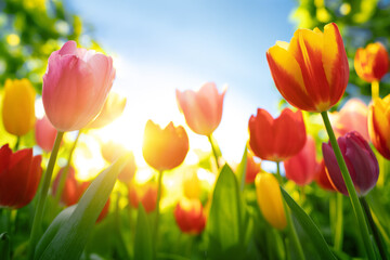 Fresh tulips in warm sunlight - obrazy, fototapety, plakaty