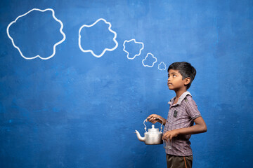 poor tea selling kid thinking by holding tea glass and container in hand with cloud doodle drawing...