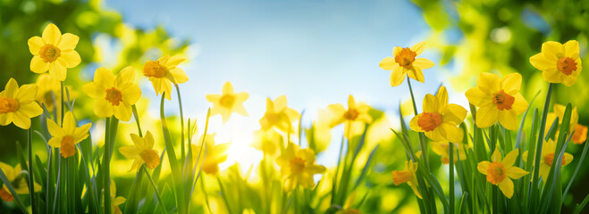 Spring daffodils flowers in the field - obrazy, fototapety, plakaty