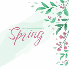 Watercolor vector. Spring design with a composition of branches, leaves and flowers. Spring tone green, pink color watercolor. Minimal design for text, packaging and print.