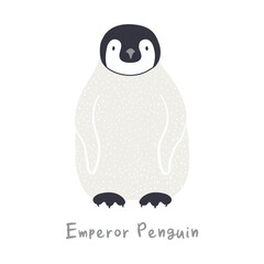 Cute cartoon emperor penguin chick, isolated on white. Hand drawn vector illustration. Winter animal character. Antarctic wildlife. Design concept for kids fashion print, poster, card, baby shower.