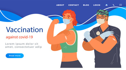 Stop coronavirus agitation concept. Vaccination promo, immunization of workers. Vaccine saves lives. People wearing protective mask showing their arm with bandage after receiving covid-19 vaccine