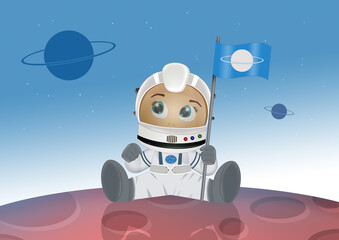 illustration of funny baby astronaut on Mars planet