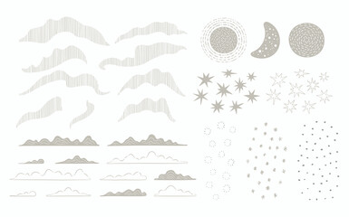 Celestial, weather minimalist style elements collection, northern lights, clouds, sun, moon, stars, snow, snowflakes, isolated on white. Hand drawn vector illustration. Northern sky scene creator.
