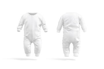 Blank white baby zip-up sleepsuit mockup, front and back view