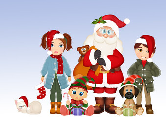 illustration of children and Santa Claus