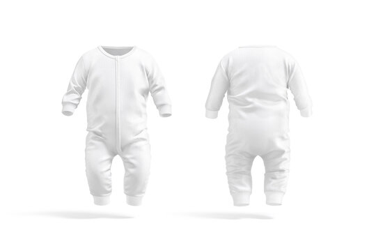 Blank white baby zip-up sleepsuit mockup, front and back view