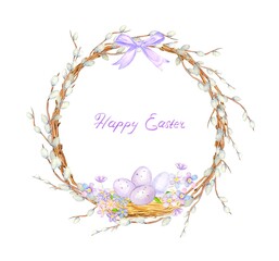 Watercolor Easter willow wreath with a nest and flowers. Isolated design for greeting card, poster.