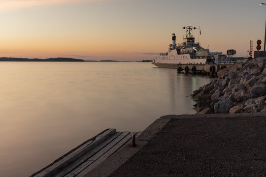 Finland. Turku. July 3, 2021 Porom at the pier. Sunset on the sea. . Vacation, vacation, relaxation concept