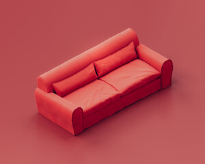 Monochrome single color red sofa in red room, isometric single red couch. 3d rendering