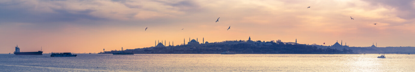 Panorama of Istanbul on sunset with silhouettes of ships in the Bosphorus Strait and the Topkapi Palace on skyline. Wide landscape of great oriental city with old mosques in pastel colours.