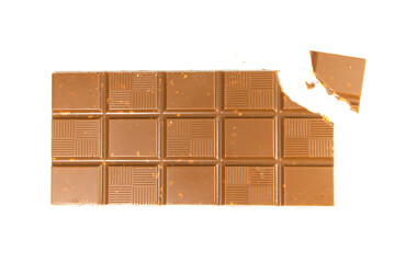 Milk chocolate bar isolated on white background, top view. 