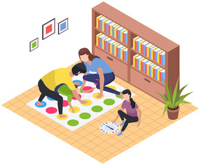 Happy children playing board game with parents, have fun at home. Family entertainment scenes. People sit together at table or on floor in living room play games. Parents and kids in everyday life