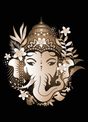 Elefanten Gott Ganesha mit Blüten mit Sepia-Effekt - obrazy, fototapety, plakaty