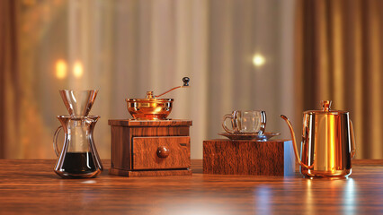 Collection coffee drip set on the wood table. 3d rendering