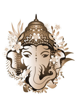 Elefanten Gott Ganesha mit Bl&uuml;ten mit Sepia-Effekt