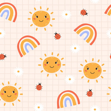 Cute childish seamless pattern with smiling sun, rainbow, ladybug and daisy on a checkered background. Cartoon vector illustration. Nursery Print for textiles and paper.