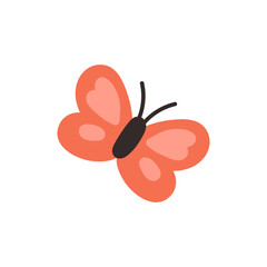 Cute childish butterfly with red wings isolated on a white background. Cartoon vector illustration. Little butterfly flying.