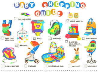 Baby shopping guide. Items for first time moms. Colorful complete checklist for new mothers. Developing rug, radio nyanya, carrying bag, stroller, toys. Objects for newborn baby. Guide for mother