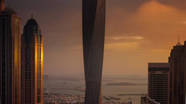 sunset light dubai marina famous tower palm hotel panorama 4k time lapse uae