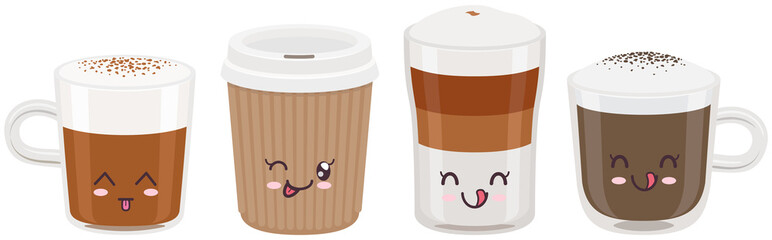 Cute cups of coffee set sticker kawaii icon vector design. Adorable cute hot drinks, coffee to go, latte in cup with positive emotions, japanese, oriental culture symbol anime, facial expression