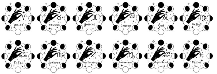 Zodiac astrology horoscope design vector illustrations set. esoteric zodiacal horoscope templates