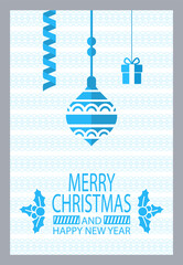 Merry Christmas and happy New Year greeting poster. Confetti and star shaped toys, decoration of home xmas symbols. Paper card decorated by leaves with berries, lines. Simple congratulation postcard