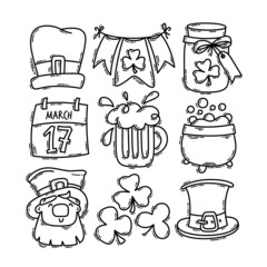 Saint Patrick's Day doodle style hand-drawn icon set with simple engraving effect, editable stroke width. Cute Irish holiday symbols and elements collection.