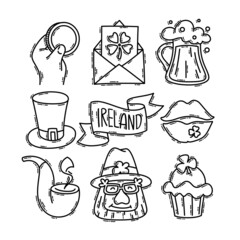Saint Patrick's Day doodle style hand-drawn icon set with simple engraving effect, editable stroke width. Cute Irish holiday symbols and elements collection.