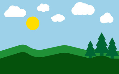Flat design landscape illustration with meadows and forest hills. Vector illustration