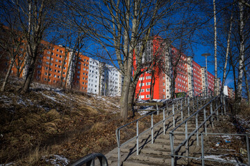 Stockholm, Sweden A public staircase  in the Flemingsberg suburb or district on a sunny winter day. - obrazy, fototapety, plakaty