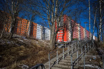 Foto op Canvas Stockholm, Sweden A public staircase  in the Flemingsberg suburb or district on a sunny winter day. © Alexander