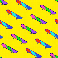 Vector colorful seamless bright skateboard pattern. Fashion retro design 80-90s. Vibrant stylish print. Yellow vintage repeatable background