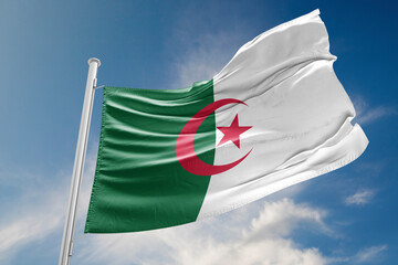 Algerian Flag is Waving Against Blue Sky - obrazy, fototapety, plakaty