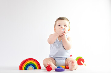 Fototapeta na wymiar Baby Educational Toys, Kid Play Colorful wooden toys on white background Children Education