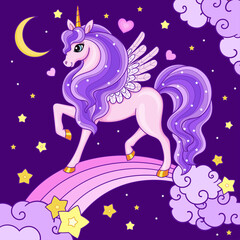 Naklejka na ściany i meble A beautiful pink unicorn with a lilac mane on a rainbow.Fantastic, fantasy animal. For the design of prints, posters, stickers, cards and so on. Vector