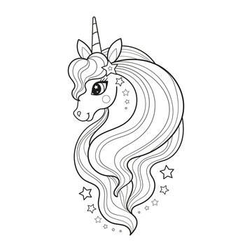 Cute cartoon unicorn head with long mane. Black and white linear drawing. For children's design of coloring books, prints, posters, stickers, cards, tattoos and so on. Vector