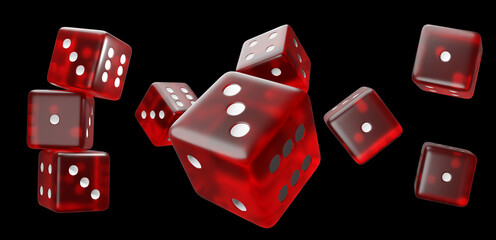 Dice red floating 3 sets 3 balls each on a black background with clipping path.