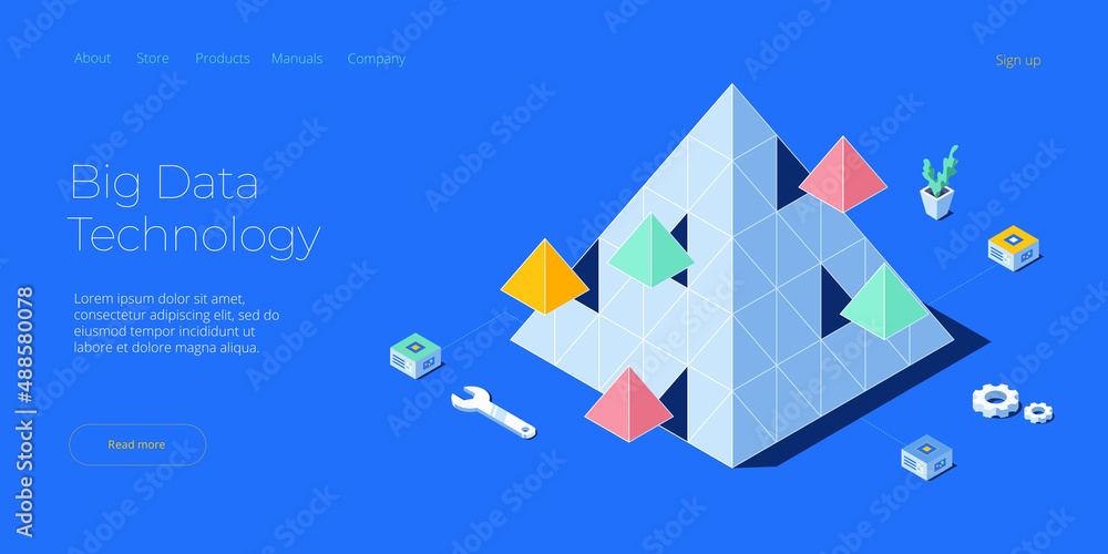 Poster big data technology in isometric vector illustration. information storage and analysis system. digit