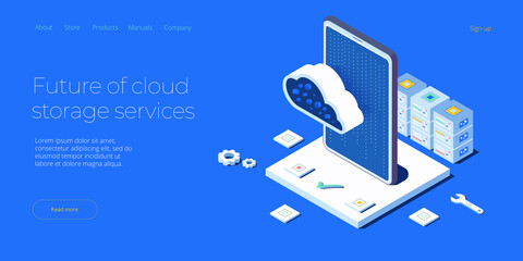 Cloud storage download isometric vector illustration. Digital service or app with data transfering. Online computing technology. 3d servers and datacenter connection network.