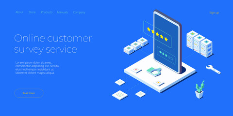 Online review concept in isometric vector illustration. Customer survey or reputation rating via mobile internet on smartphone. User feedback service on product or app. Web banner layout template.