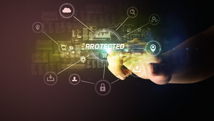 Hand touching cybersecurity button