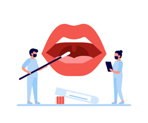 Mouth pcr swab test for control virus covid 19. Oral probe for fast analysis on check presence covid. Mouth and medical stick. Vector illustration - obrazy, fototapety, plakaty
